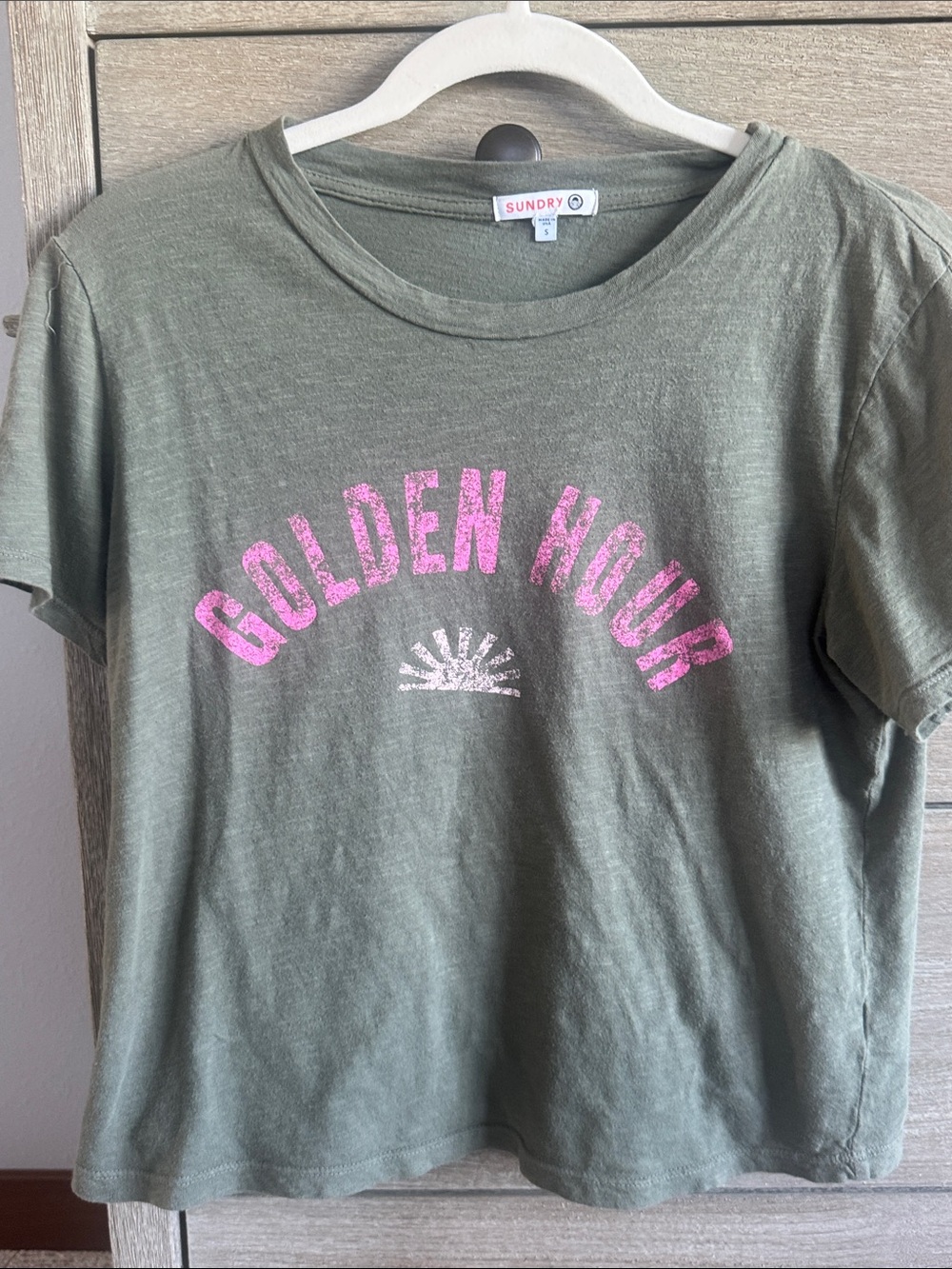 Sundry Olive Green Graphic Tee with Pink Print